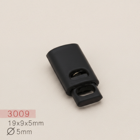 Baycar 3009 Yassı Siyah Stoper, 19 × 9 × 5 mm, Ø 5 mm kordon geçişi