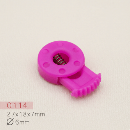 Baycar 0114 Disk Formlu Fuşya Stoper, 27 × 18 × 7 mm, Ø 6 mm kordon geçişi
