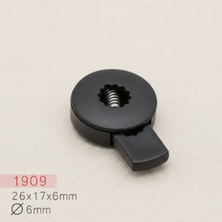 Baycar 1909 Düz Disk Siyah Stoper, 26 × 17 × 6 mm, Ø 6 mm kordon geçişi