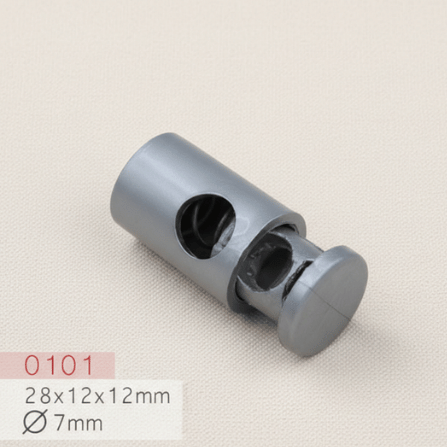 Baycar 0101 Silindirik Gri Stoper, 28 × 12 × 12 mm, Ø 7 mm kordon geçişi