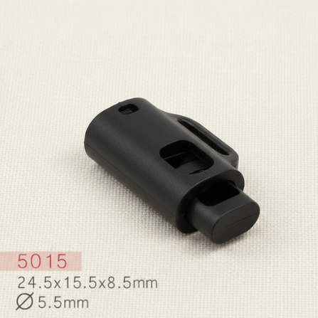 Baycar 5015 Köprülü Dikdörtgen Siyah Stoper, 24,5 × 15,5 × 8,5 mm, Ø 5,5 mm kordon geçişi