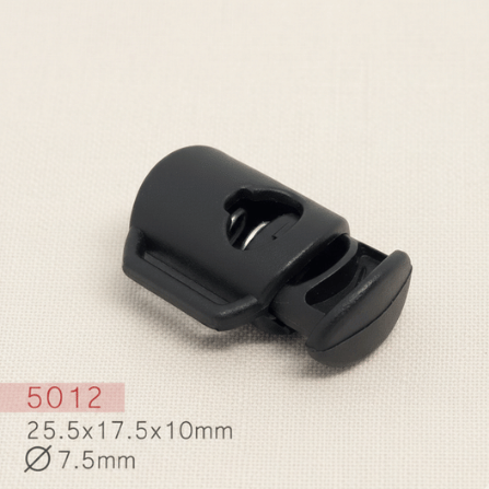 Baycar 5012 Yan Köprülü Siyah Stoper, 25,5 × 17,5 × 10 mm, Ø 7,5 mm kordon geçişi