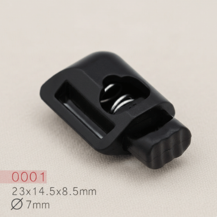 Baycar 0001 Köprülü Kompakt Siyah Stoper, 23 × 14,5 × 8,5 mm, Ø 7 mm kordon geçişi