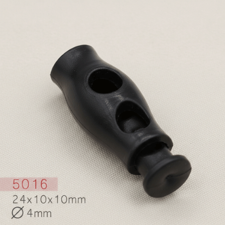 Baycar 5016 Konturlu Silindirik Siyah Stoper, 24 × 10 × 10 mm, Ø 4 mm kordon geçişi